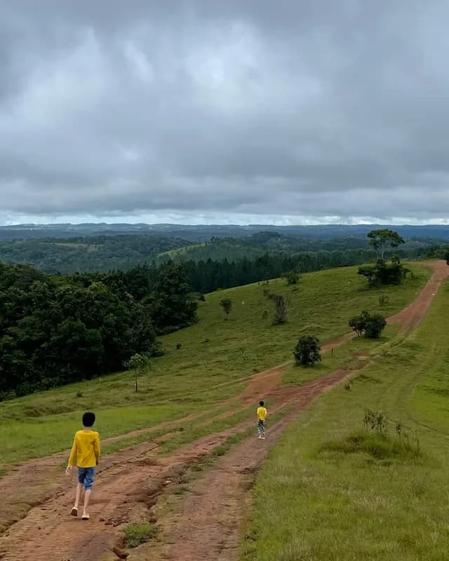 A red dirt track over grassy green hills in Mondulkiri